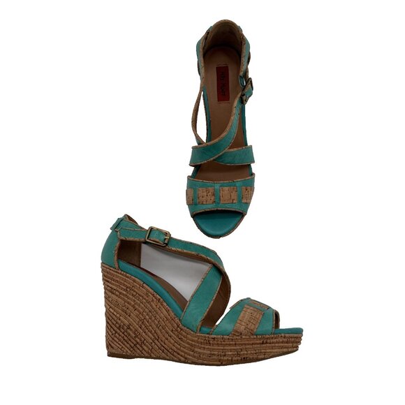 Miz Mooz Kenya Platform Leather Wedge Heel Peep Toe Sandals size 7.5 Cork - Picture 1 of 16
